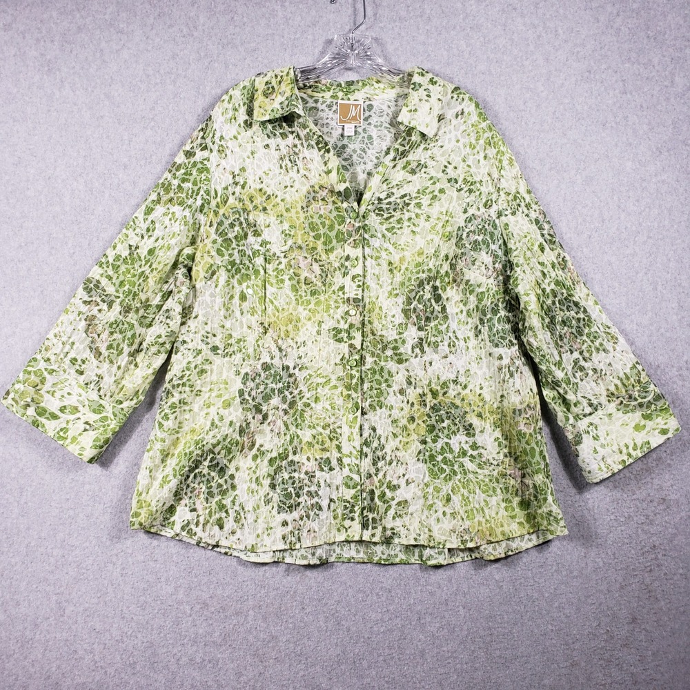 JM Collection Green Floral Button Down Shirt 20W Plus‎ Sz Blouse Minimalist Chic